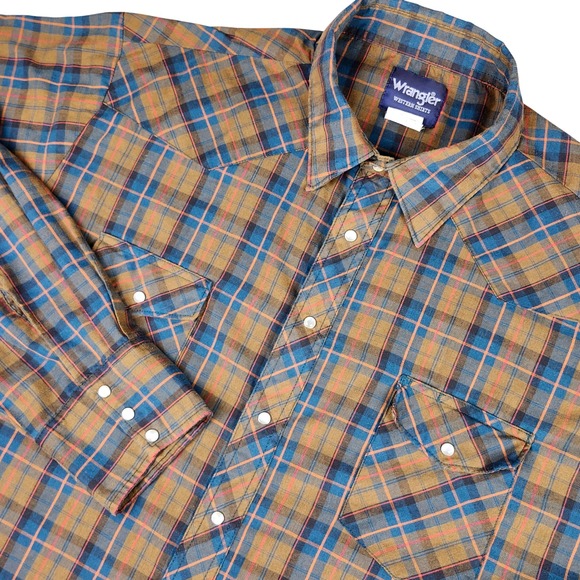 Wrangler Other - Vintage Wrangler Western Shirt Mens 3XT Brown Blue Plaid Pearl Snap Long Sleeve